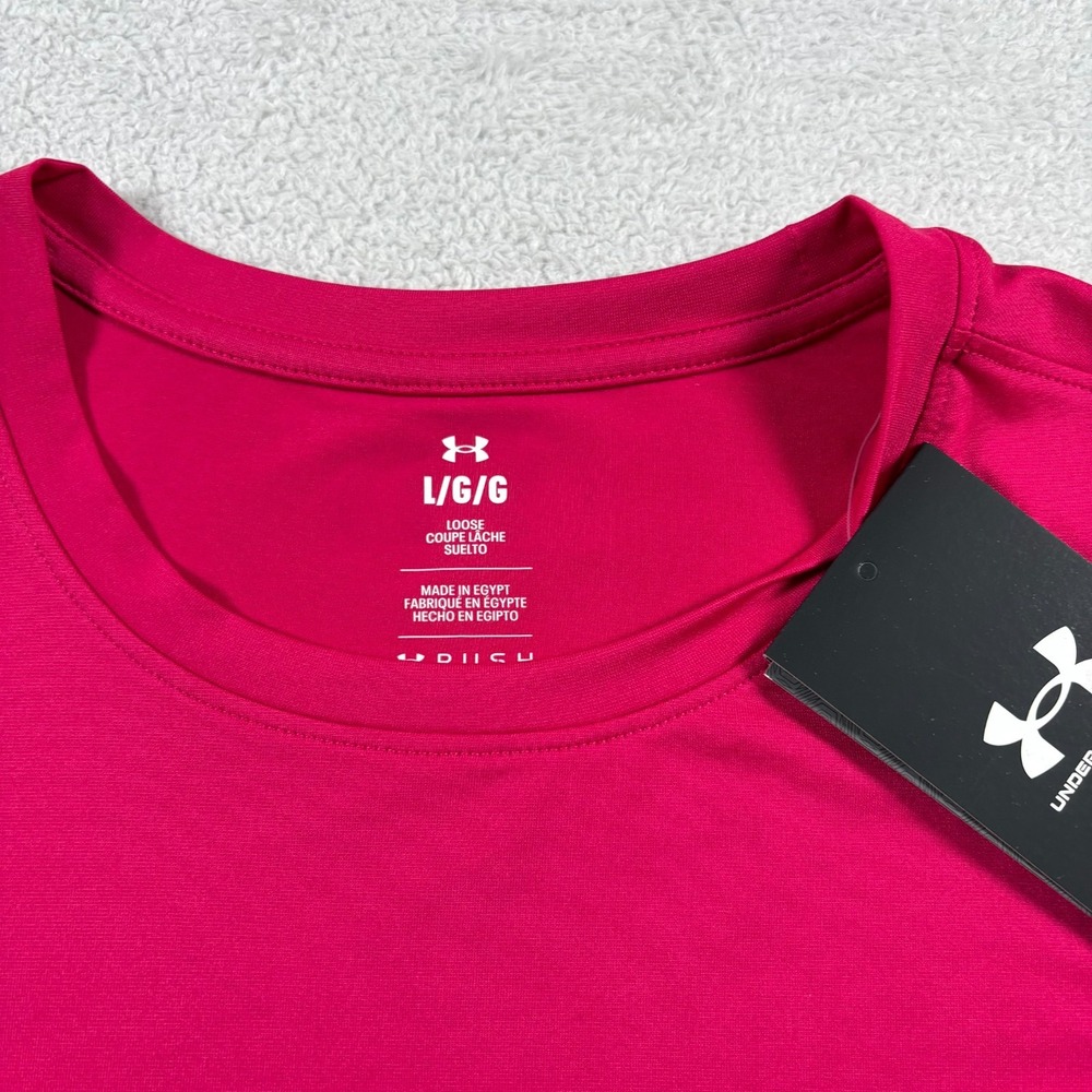 Under Armour Rush Vanish Energy T Shirt Mens Large Pink Logo‎ Side Slit Athletic